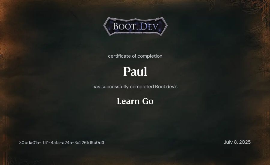 Paul's Boot.dev Learn Go certificate