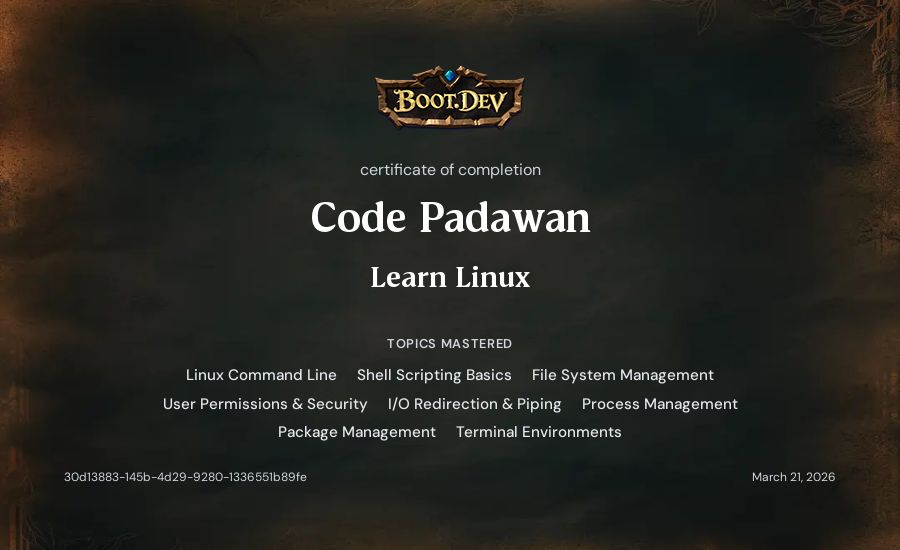 Code Padawan's Boot.dev Learn Linux certificate