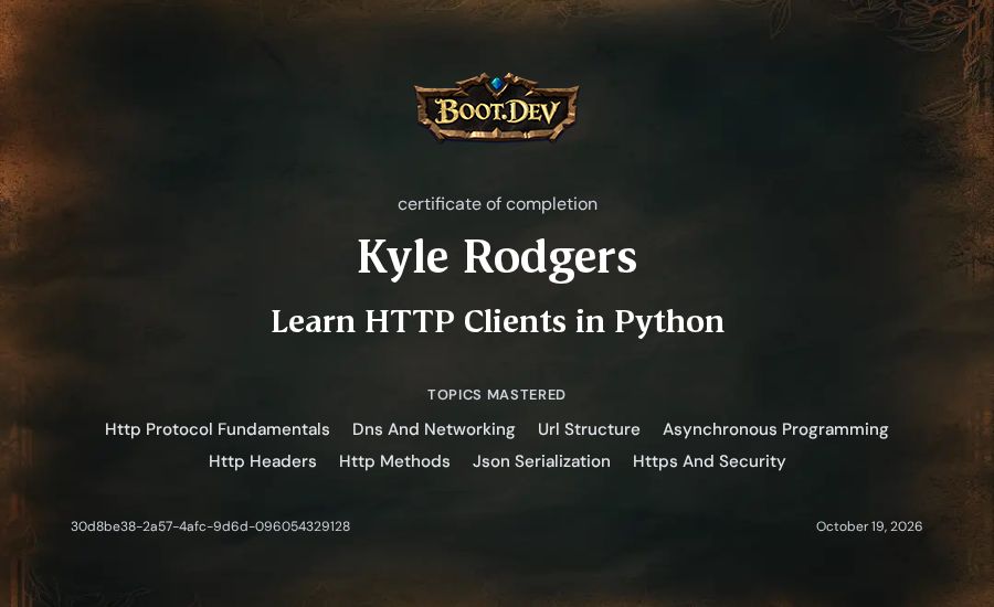 Kyle Rodgers's Boot.dev Learn HTTP Clients in Python certificate