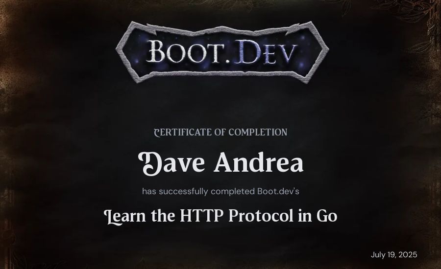 Dave Andrea's Boot.dev Learn the HTTP Protocol in Go certificate