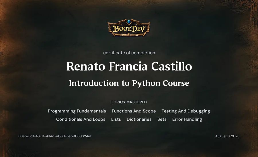 Renato Francia Castillo's Boot.dev Introduction to Python Course certificate