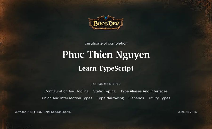 Phuc Thien Nguyen's Boot.dev Learn TypeScript certificate