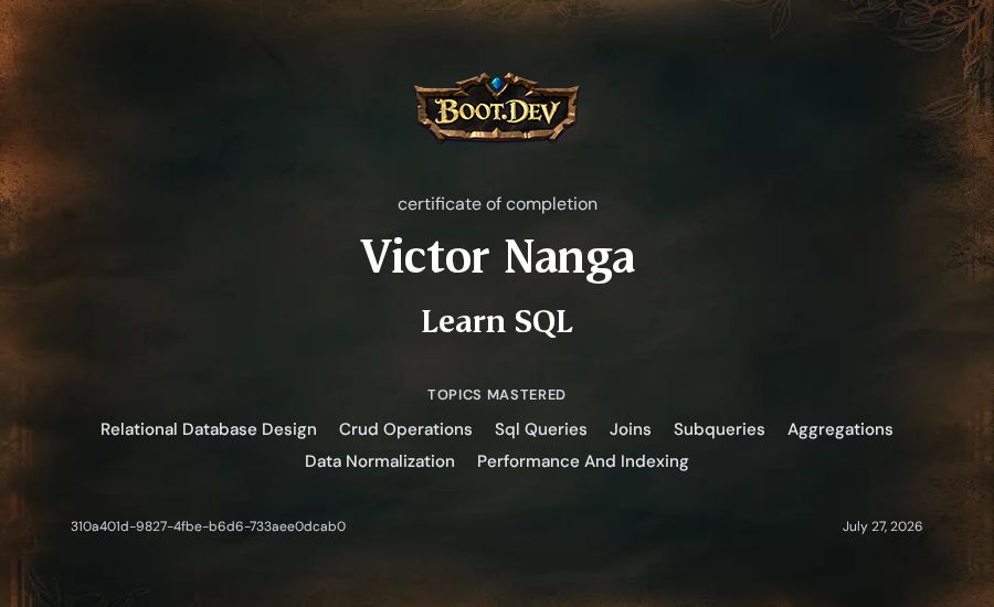Victor Nanga's Boot.dev Learn SQL certificate