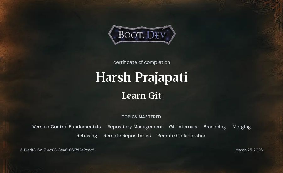 Harsh Prajapati's Boot.dev Learn Git certificate