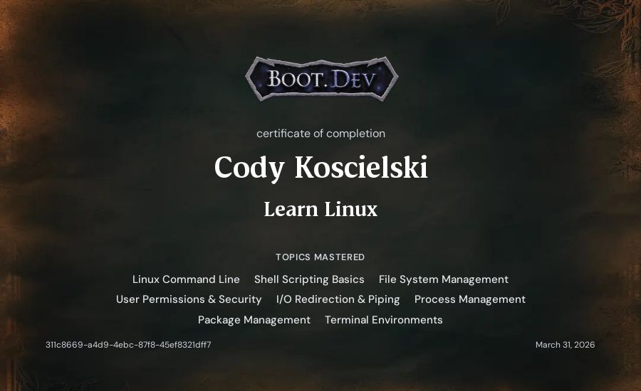 Cody Koscielski's Boot.dev Learn Linux certificate