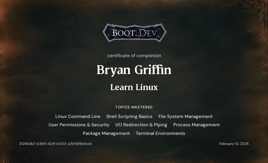 Bryan Griffin's Boot.dev Learn Linux certificate