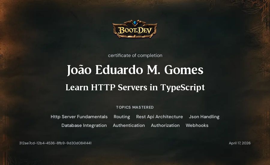 João Eduardo M. Gomes's Boot.dev Learn HTTP Servers in TypeScript certificate