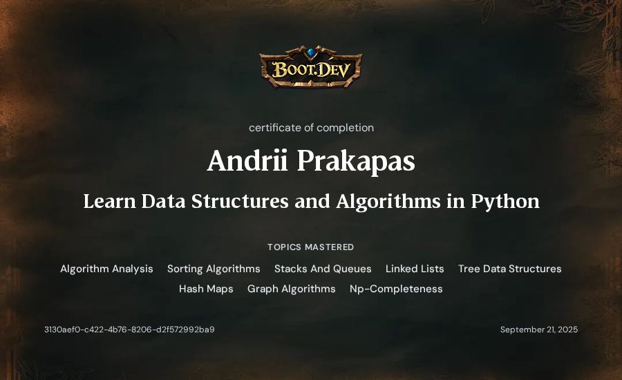 Andrii Prakapas's Boot.dev Learn Data Structures and Algorithms in Python certificate