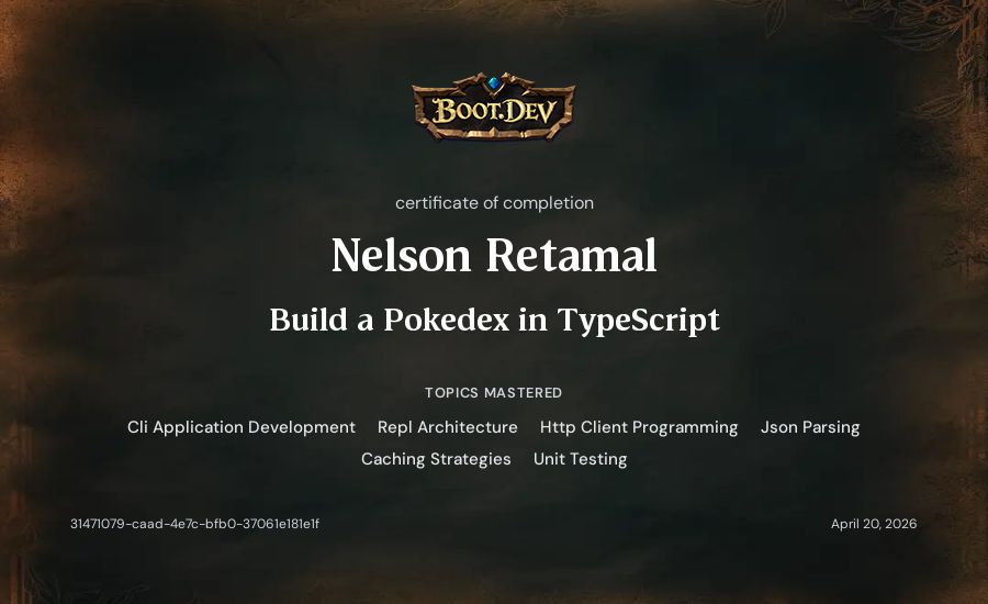 Nelson Retamal's Boot.dev Build a Pokedex in TypeScript certificate