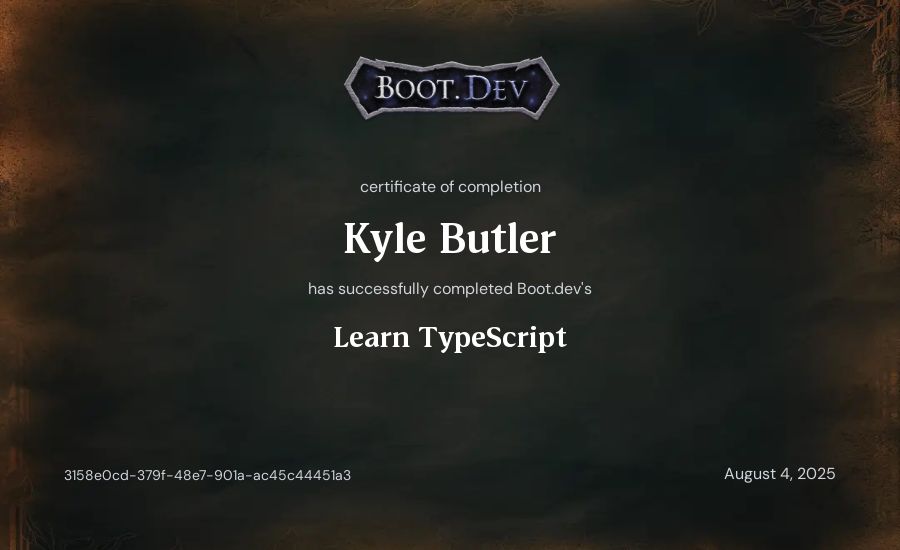 Kyle Butler's Boot.dev Learn TypeScript certificate