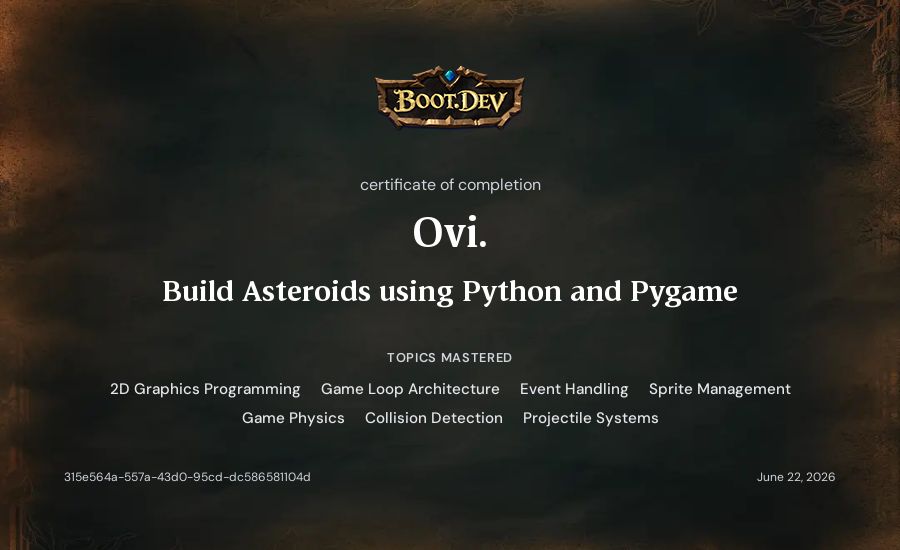 Ovi.'s Boot.dev Build Asteroids using Python and Pygame certificate