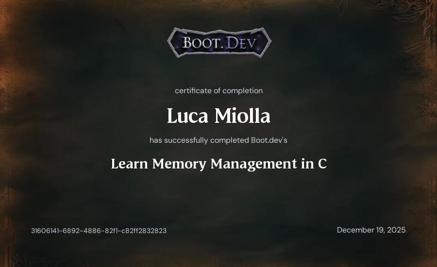 Luca Miolla's Boot.dev Learn Memory Management in C certificate