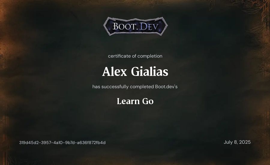 Alex Gialias's Boot.dev Learn Go certificate
