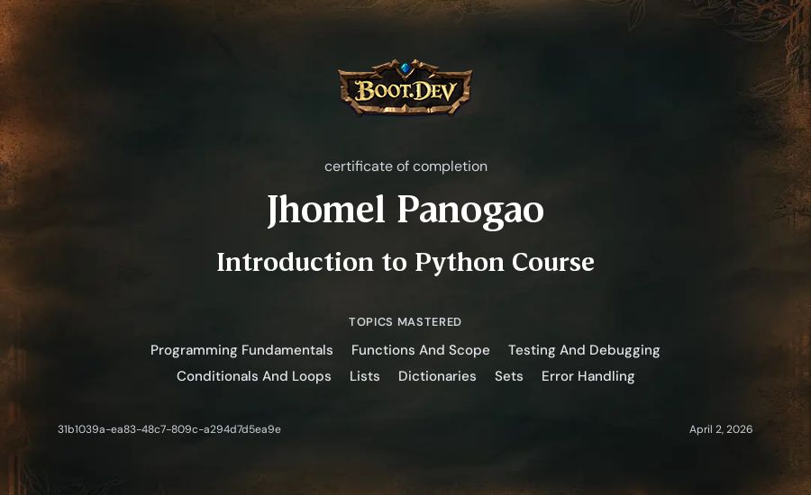 Jhomel Panogao's Boot.dev Introduction to Python Course certificate
