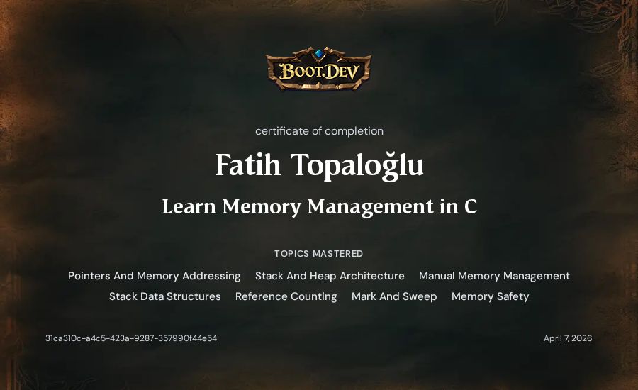 Fatih Topaloğlu's Boot.dev Learn Memory Management in C certificate