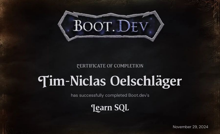 Tim-Niclas Oelschläger's Boot.dev Learn SQL certificate
