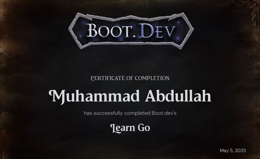 Muhammad Abdullah's Boot.dev Learn Go certificate