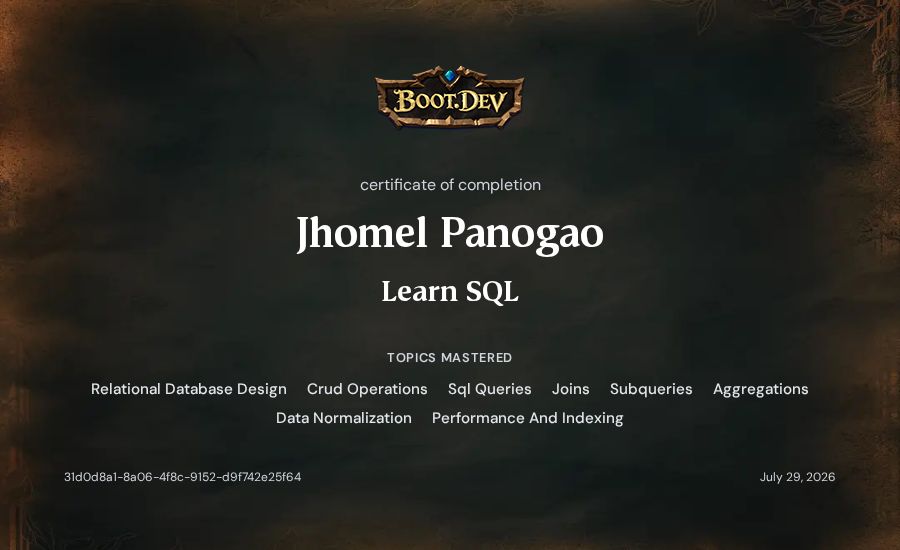Jhomel Panogao's Boot.dev Learn SQL certificate