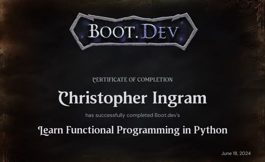 Christopher Ingram's Boot.dev Learn Functional Programming in Python certificate