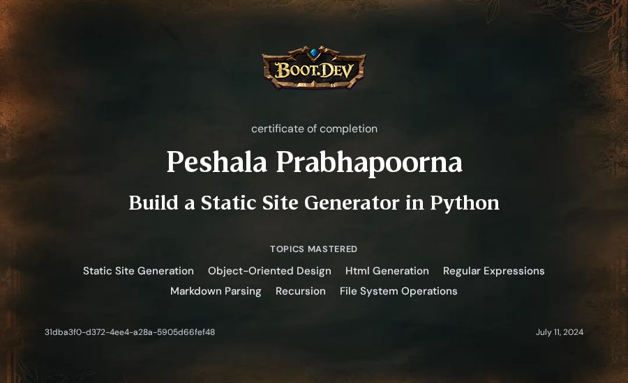 Peshala Prabhapoorna's Boot.dev Build a Static Site Generator in Python certificate