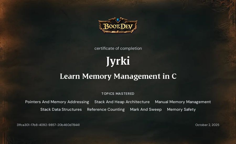 Jyrki's Boot.dev Learn Memory Management in C certificate
