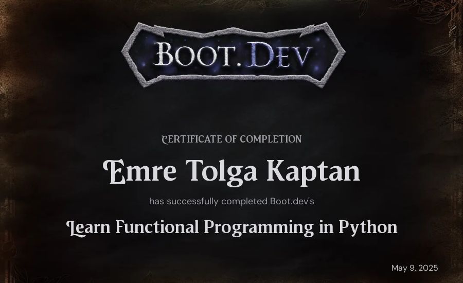 Emre Tolga Kaptan's Boot.dev Learn Functional Programming in Python certificate