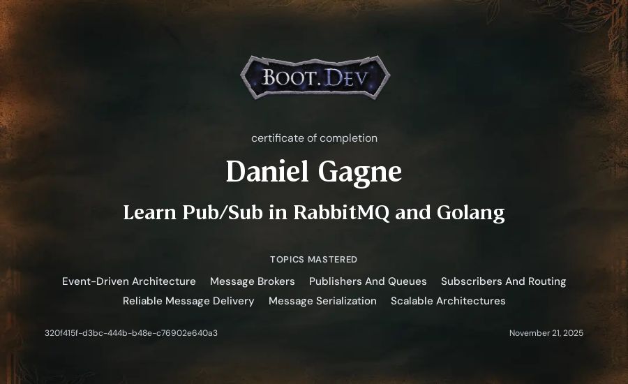 Daniel Gagne's Boot.dev Learn Pub/Sub in RabbitMQ and Go certificate