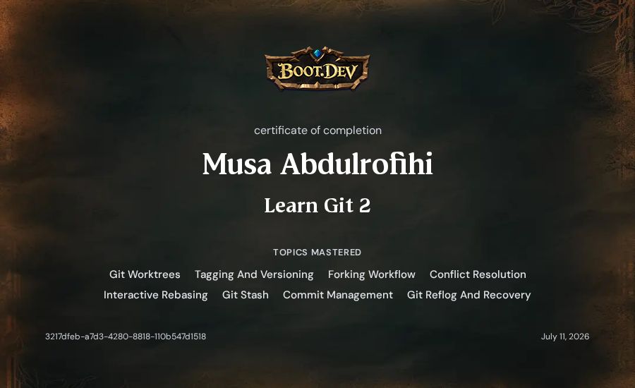 Musa Abdulrofihi's Boot.dev Learn Git 2 certificate