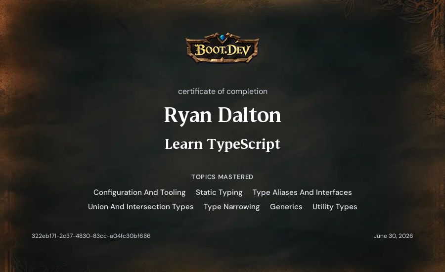 Ryan Dalton's Boot.dev Learn TypeScript certificate