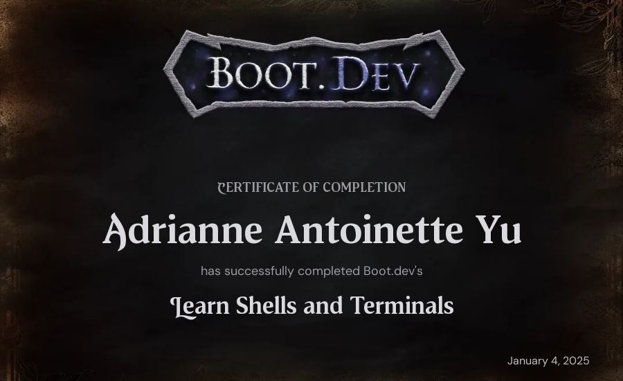 Adrianne Antoinette Yu's Boot.dev Learn Linux certificate