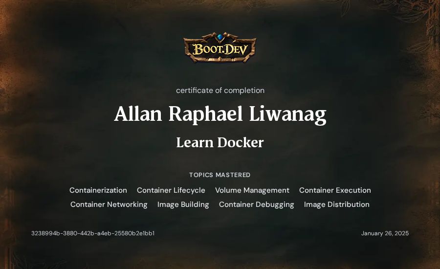 Allan Raphael Liwanag's Boot.dev Learn Docker certificate