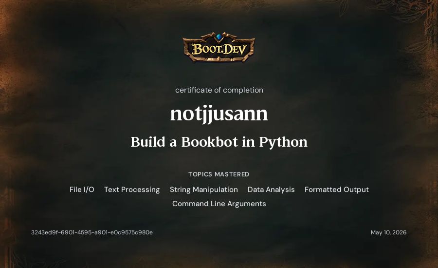 notjjusann's Boot.dev Build a BookBot in Python certificate