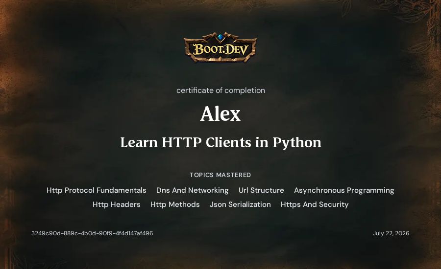 Alex's Boot.dev Learn HTTP Clients in Python certificate