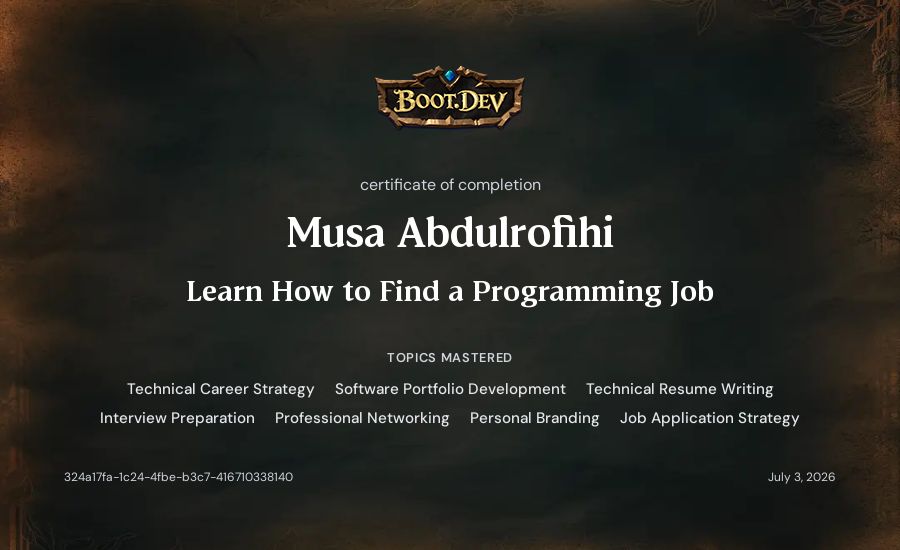 Musa Abdulrofihi's Boot.dev Learn How to Find a Programming Job certificate