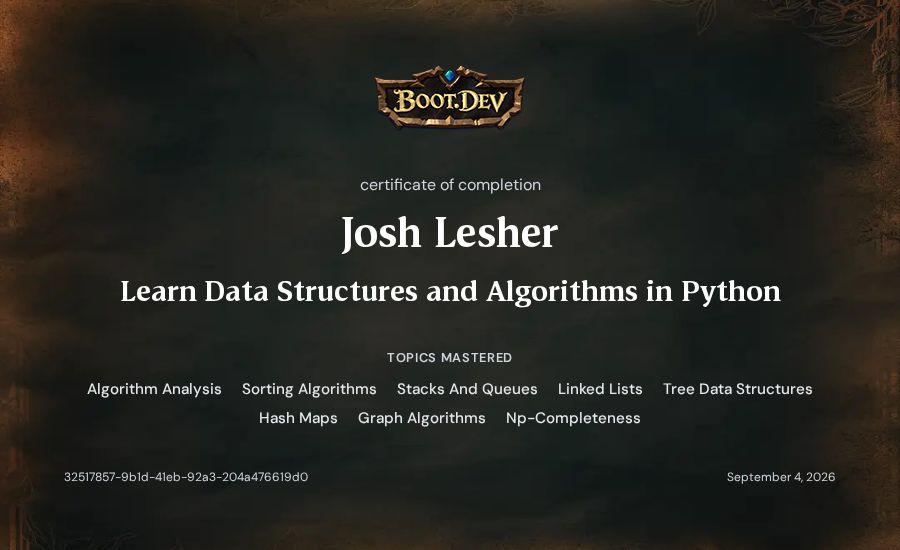 Josh Lesher's Boot.dev Learn Data Structures and Algorithms in Python certificate