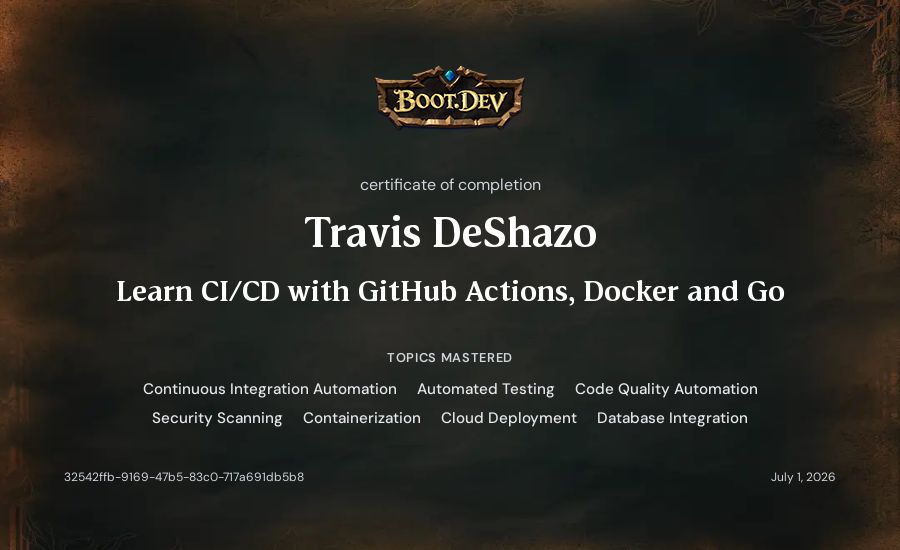 Travis DeShazo's Boot.dev Learn CI/CD with GitHub Actions, Docker and Go certificate