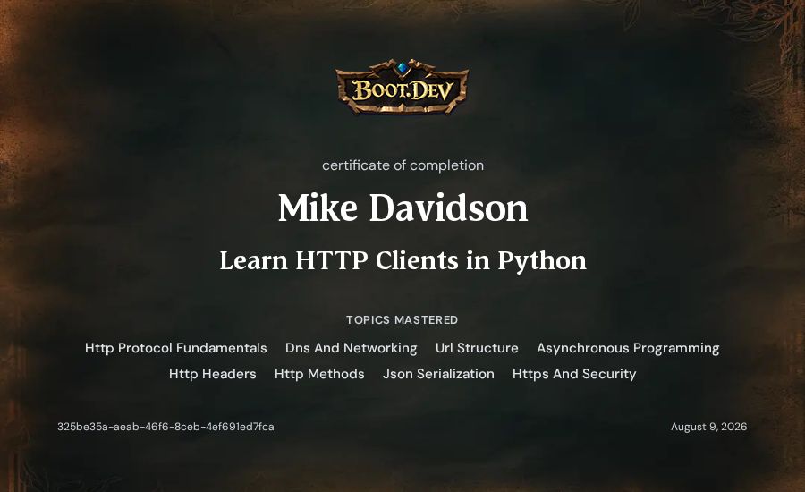 Mike Davidson's Boot.dev Learn HTTP Clients in Python certificate