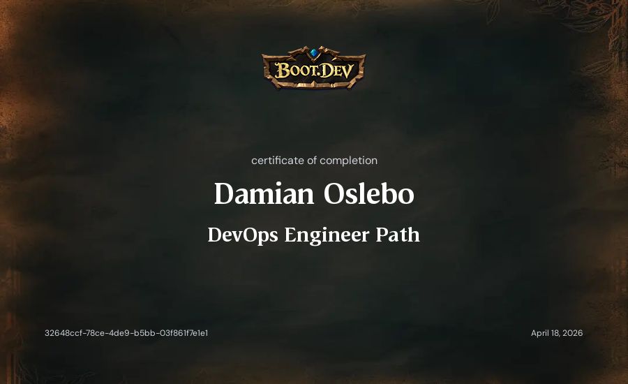 Damian Oslebo's Boot.dev DevOps Engineer Path certificate