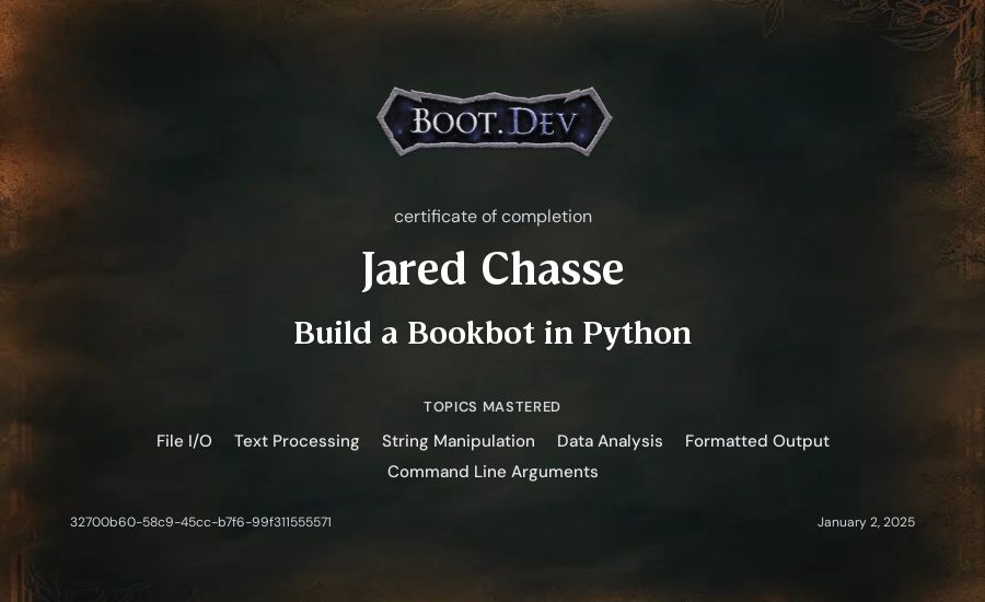 Jared Chasse's Boot.dev Build a BookBot in Python certificate