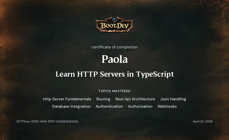 Paola's Boot.dev Learn HTTP Servers in TypeScript certificate