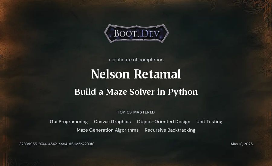 Nelson Retamal's Boot.dev Build a Maze Solver in Python certificate
