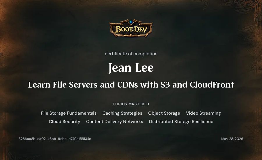 Jean Lee's Boot.dev Learn File Servers and CDNs with S3 and CloudFront certificate