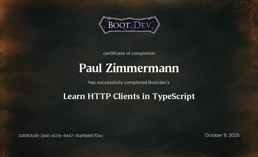 Paul Zimmermann's Boot.dev Learn HTTP Clients in TypeScript certificate