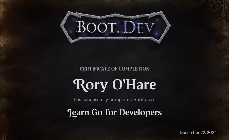 Rory O'Hare's Boot.dev Learn Go certificate