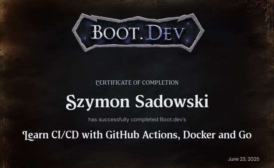 Szymon Sadowski's Boot.dev Learn CI/CD with GitHub Actions, Docker and Go certificate