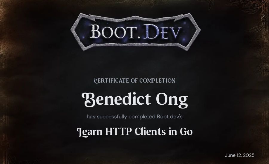 Benedict Ong's Boot.dev Learn HTTP Clients in Go certificate