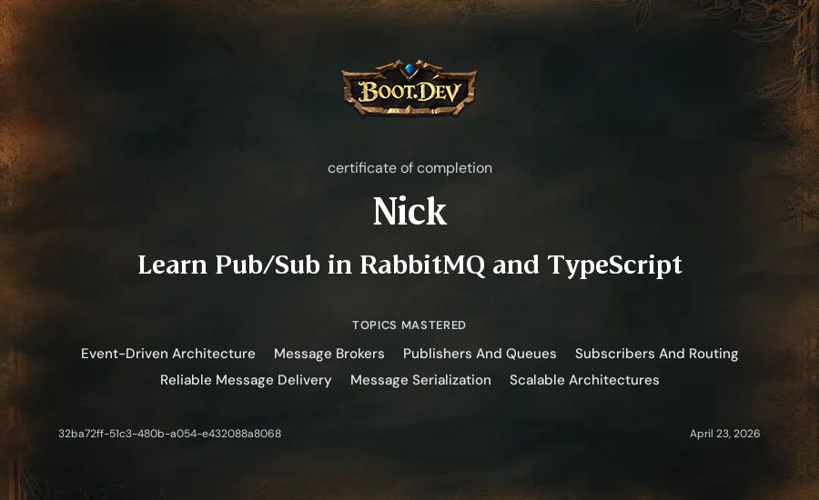 Nick's Boot.dev Learn Pub/Sub in RabbitMQ and TypeScript certificate