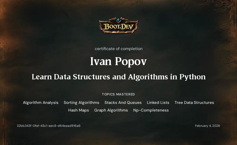 Ivan Popov's Boot.dev Learn Data Structures and Algorithms in Python certificate