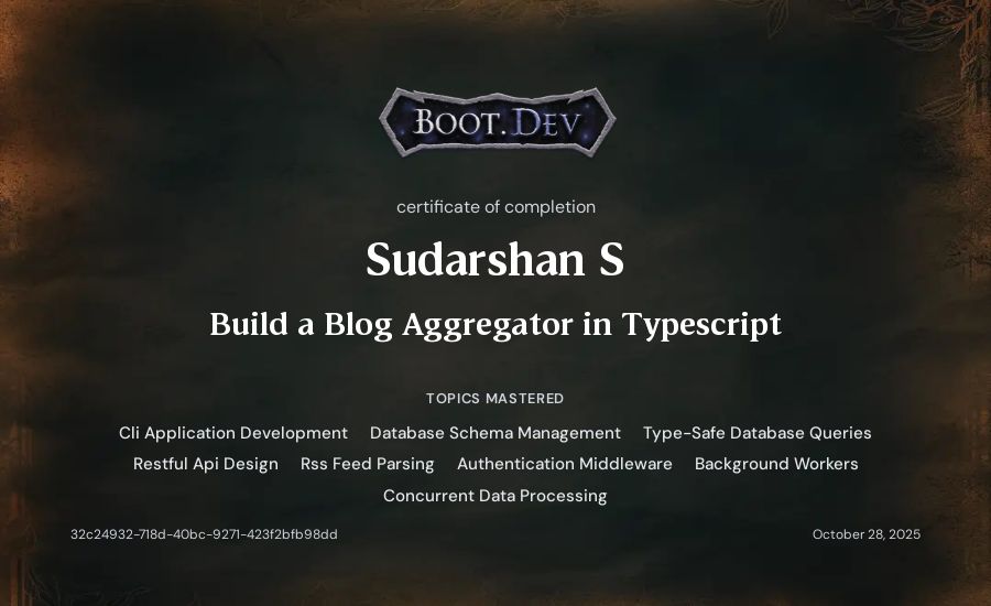 Sudarshan S's Boot.dev Build a Blog Aggregator in TypeScript certificate