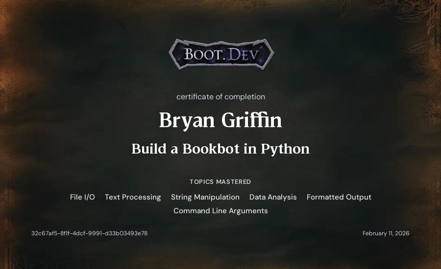 Bryan Griffin's Boot.dev Build a BookBot in Python certificate